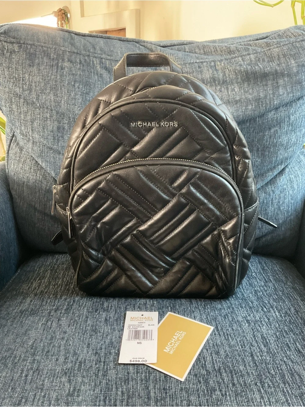 Michael Kors Abbey Black Quilted Leather Backpack - silver hardware